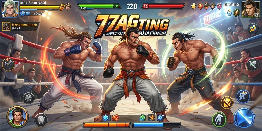 Screenshot dari gameplay 77AG menampilkan pertarungan intens dengan efek visual menakjubkan.