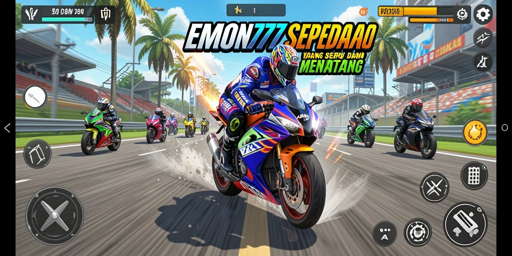 Screenshot gameplay EMON777 menampilkan momen balapan seru di lintasan.