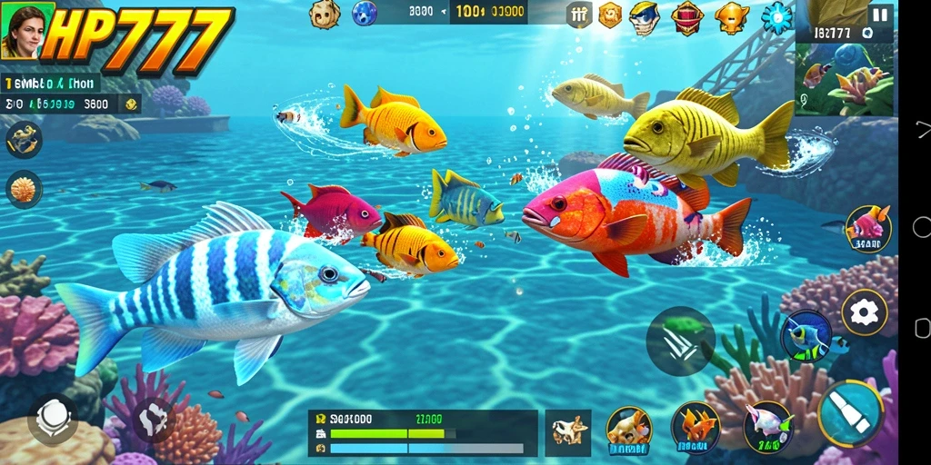 Screenshot gameplay yang menunjukkan aksi menembak ikan di HP777.