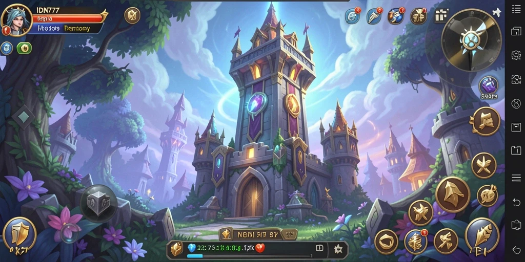 Screenshot gameplay IDN777 yang menampilkan pertahanan menara yang intens.