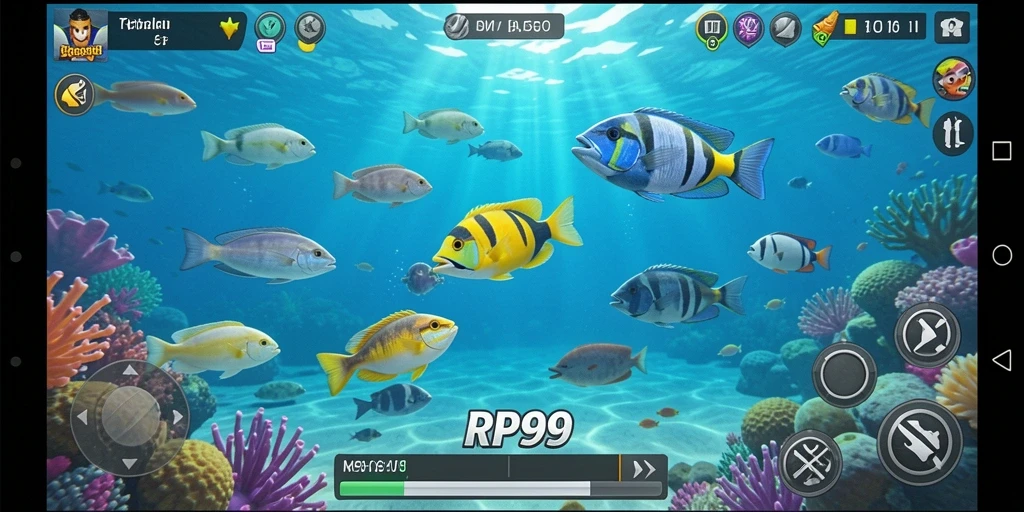 Screenshot gameplay RP99 menampilkan aksi menembak ikan yang mengasyikkan.