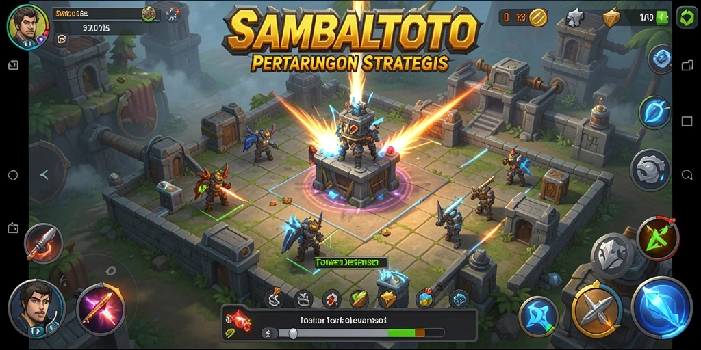 Screenshot gameplay SAMBALTOTO menampilkan aksi pertahanan menara yang intens.