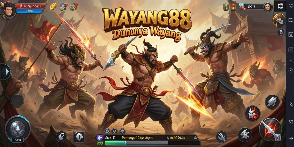 Tampilan aksi pertarungan seru dalam WAYANG88 dengan karakter tradisional.
