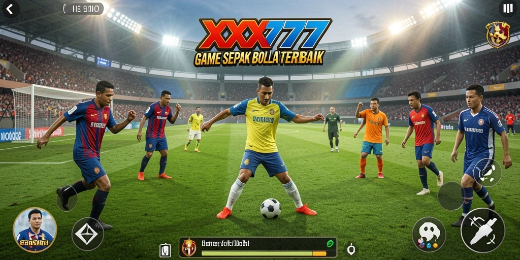 Screenshot utama XXX777 menampilkan aksi seru di lapangan sepak bola.